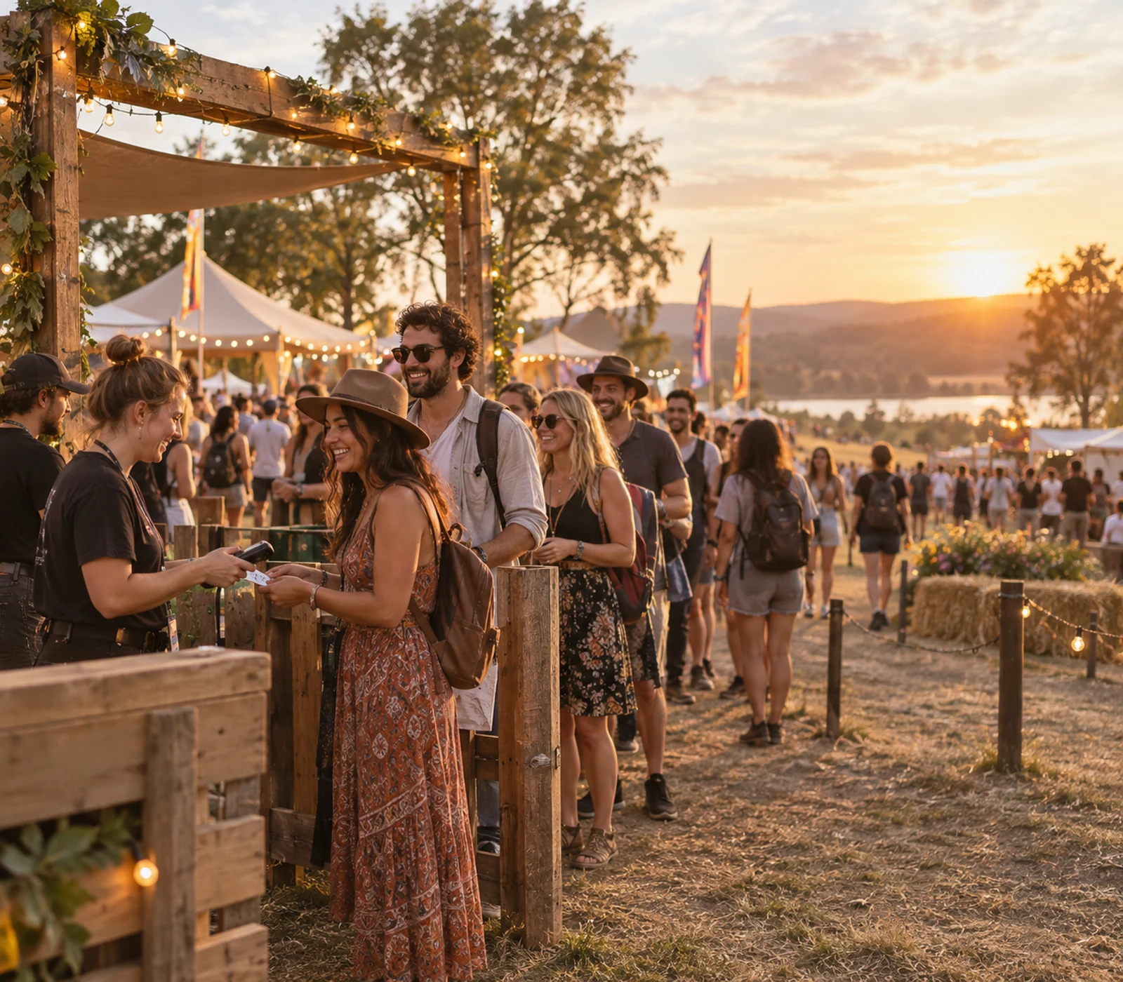 Guests arriving at a lively outdoor festival in warm evening light